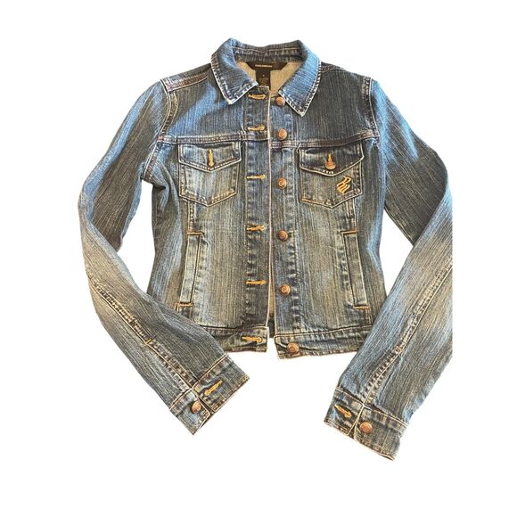 Rocawear Vintage Y2K Womens Jean Jacket Small Cropped Denim Dark Wash Beaded - Picture 9 of 16